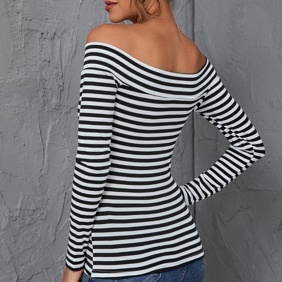 Striped Print Off Shoulder Tee - Picture 5 of 5